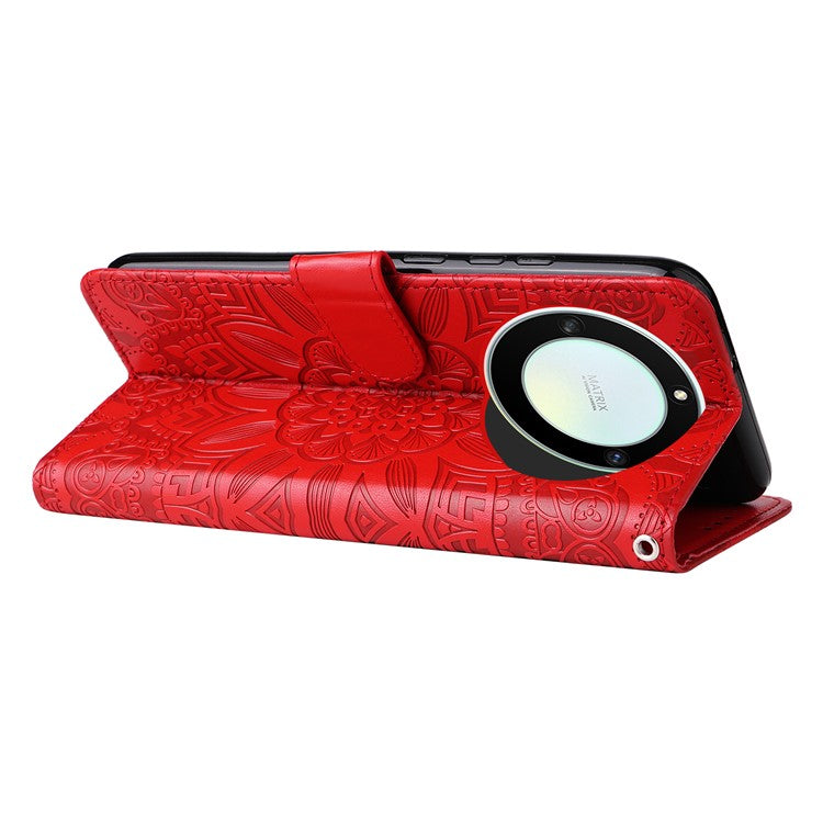 For Honor X40 5G / X9a 5G / Magic5 Lite 5G Leather Phone Case Sunflower Imprinted Stand Wallet Cover with Hand Strap - Red