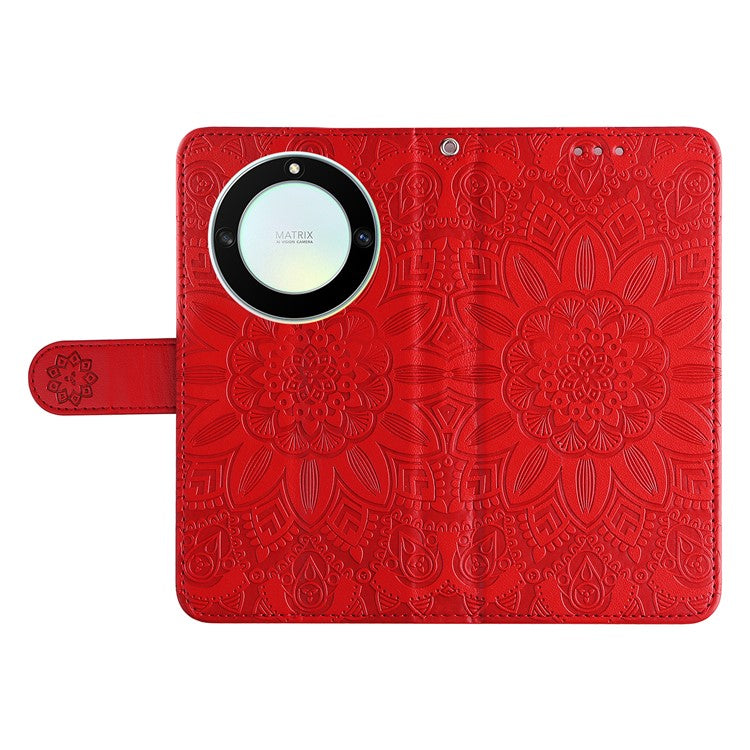 For Honor X40 5G / X9a 5G / Magic5 Lite 5G Leather Phone Case Sunflower Imprinted Stand Wallet Cover with Hand Strap - Red
