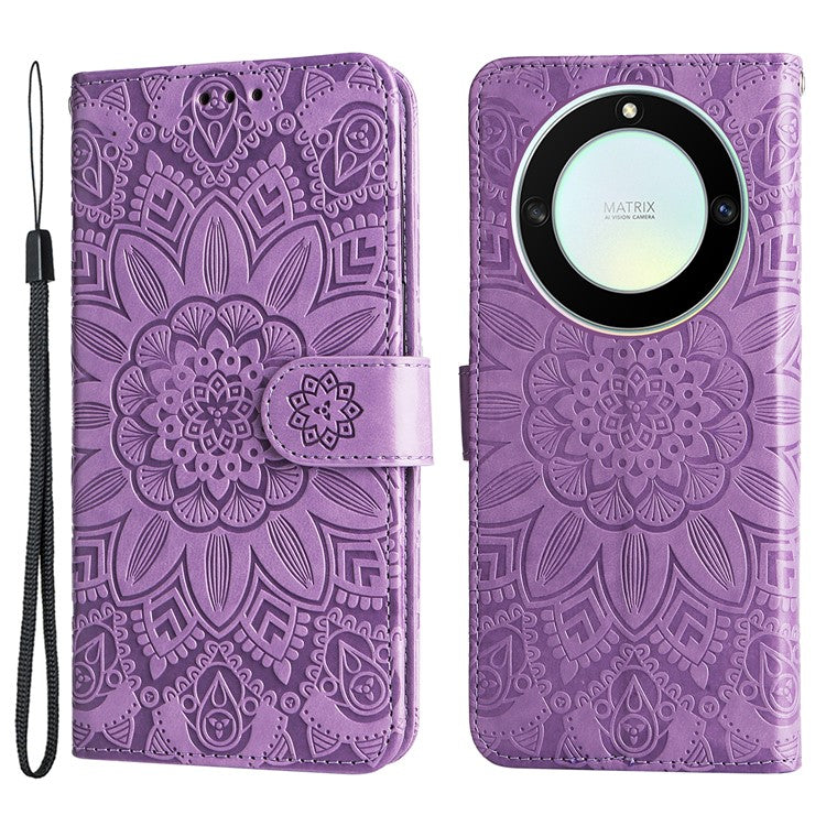 For Honor X40 5G / X9a 5G / Magic5 Lite 5G Leather Phone Case Sunflower Imprinted Stand Wallet Cover with Hand Strap - Purple