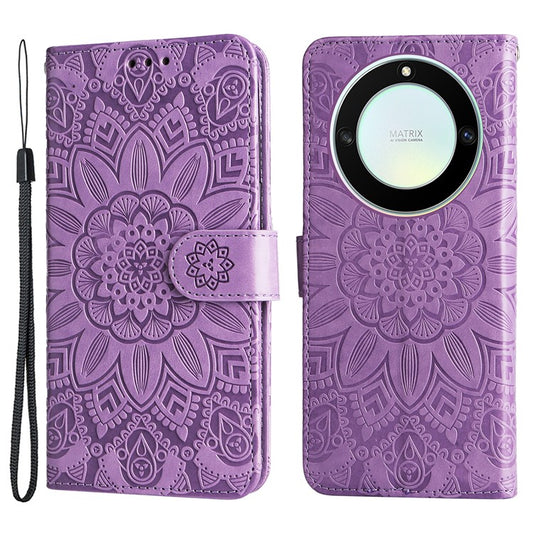 For Honor X40 5G / X9a 5G / Magic5 Lite 5G Leather Phone Case Sunflower Imprinted Stand Wallet Cover with Hand Strap - Purple