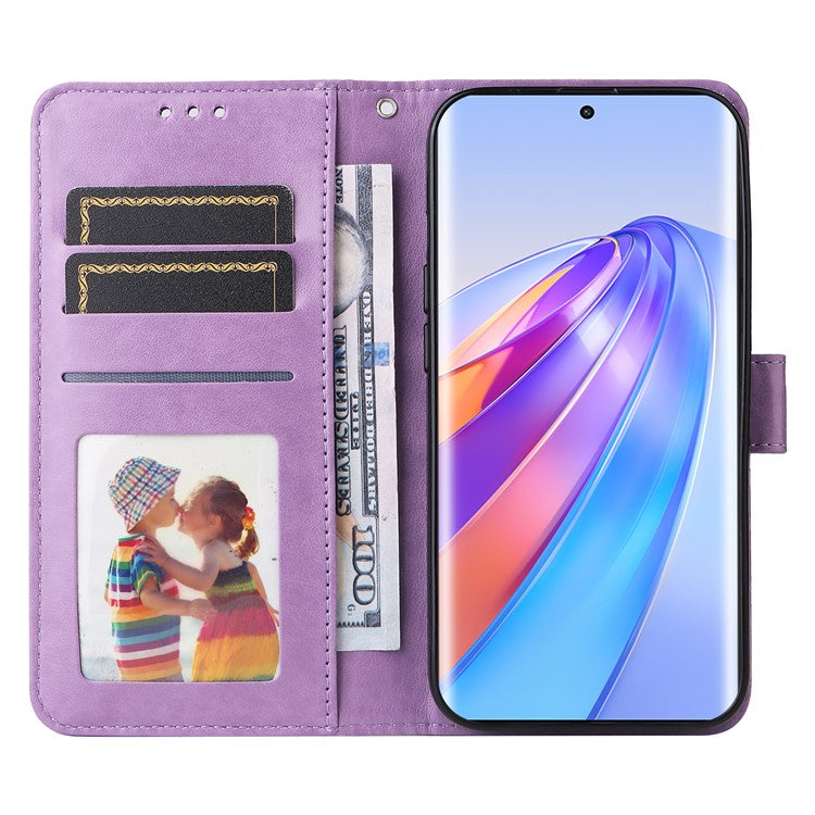 For Honor X40 5G / X9a 5G / Magic5 Lite 5G Leather Phone Case Sunflower Imprinted Stand Wallet Cover with Hand Strap - Purple