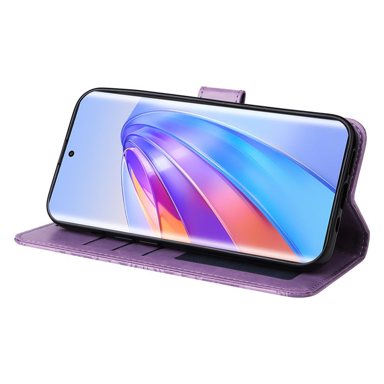 For Honor X40 5G / X9a 5G / Magic5 Lite 5G Leather Phone Case Sunflower Imprinted Stand Wallet Cover with Hand Strap - Purple