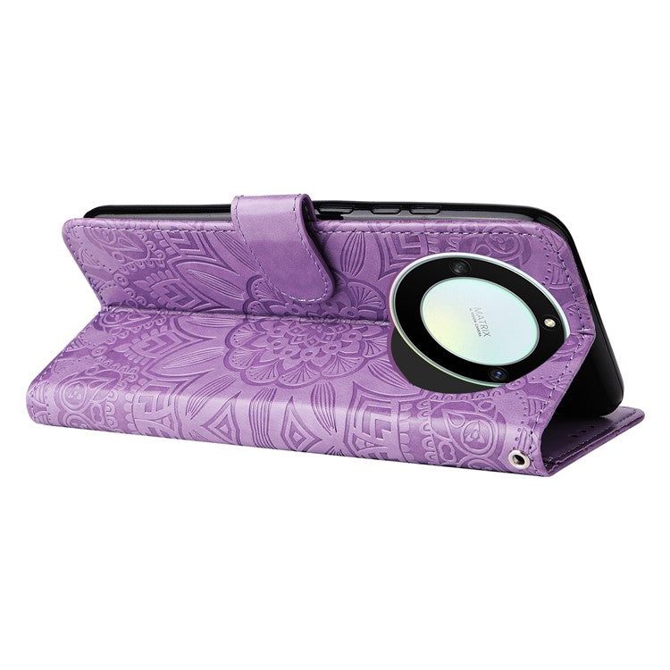 For Honor X40 5G / X9a 5G / Magic5 Lite 5G Leather Phone Case Sunflower Imprinted Stand Wallet Cover with Hand Strap - Purple