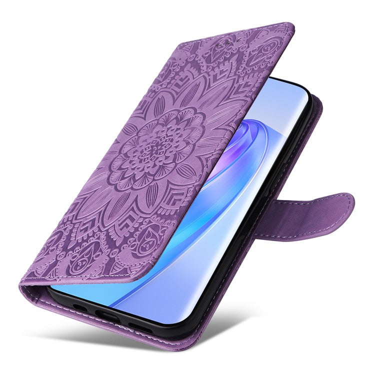 For Honor X40 5G / X9a 5G / Magic5 Lite 5G Leather Phone Case Sunflower Imprinted Stand Wallet Cover with Hand Strap - Purple