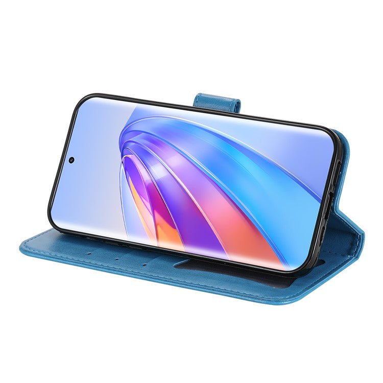 For Honor X40 5G / X9a 5G / Magic5 Lite 5G Flip Stand Cover Flower Imprinting Leather Wallet Case - Blue