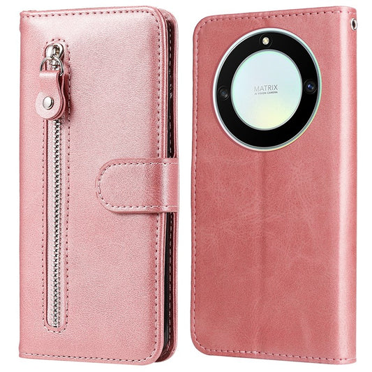 For Honor X40 5G / X9a 5G / Magic5 Lite 5G Calf Texture Zipper Pocket Phone Case PU Leather Wallet Stand Anti-drop Cover - Pink