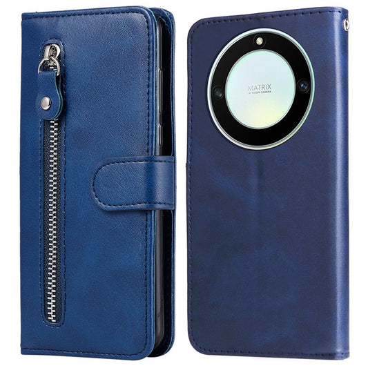 For Honor X40 5G / X9a 5G / Magic5 Lite 5G Calf Texture Zipper Pocket Phone Case PU Leather Wallet Stand Anti-drop Cover - Blue
