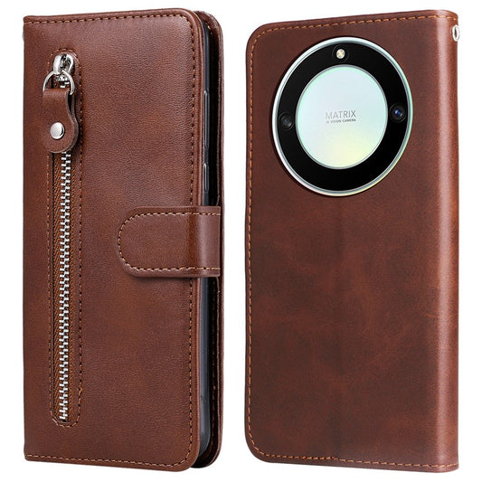 For Honor X40 5G / X9a 5G / Magic5 Lite 5G Calf Texture Zipper Pocket Phone Case PU Leather Wallet Stand Anti-drop Cover - Brown