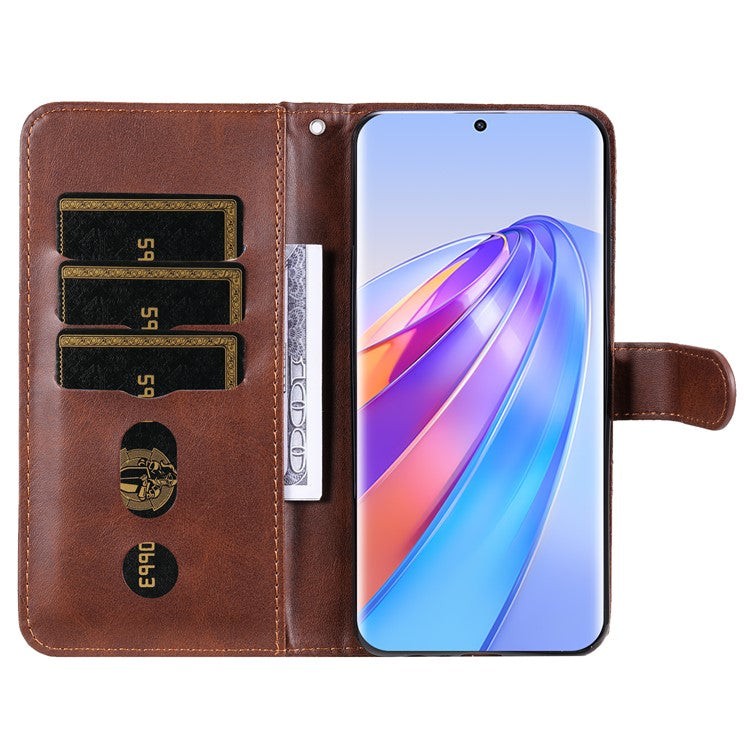 For Honor X40 5G / X9a 5G / Magic5 Lite 5G Calf Texture Zipper Pocket Phone Case PU Leather Wallet Stand Anti-drop Cover - Brown
