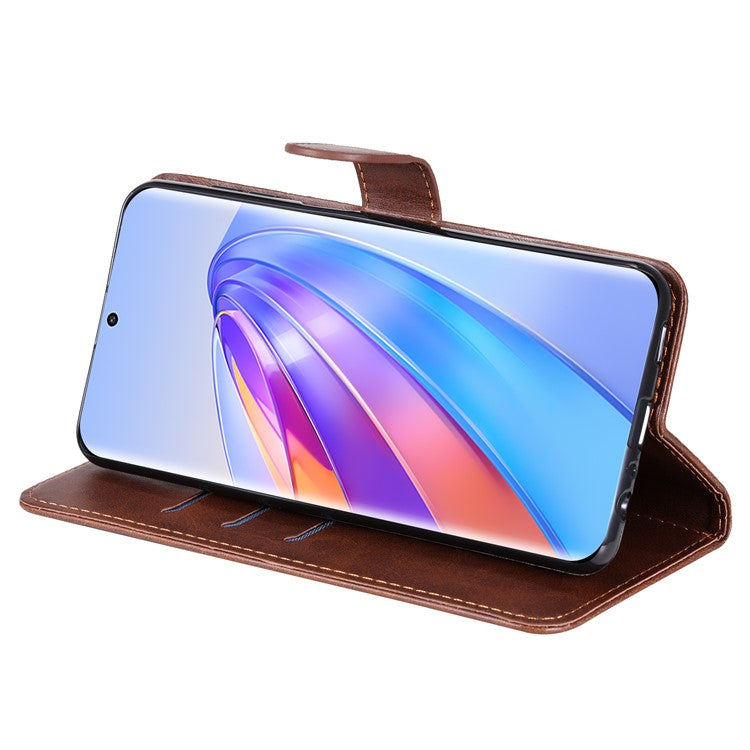 For Honor X40 5G / X9a 5G / Magic5 Lite 5G Calf Texture Zipper Pocket Phone Case PU Leather Wallet Stand Anti-drop Cover - Brown