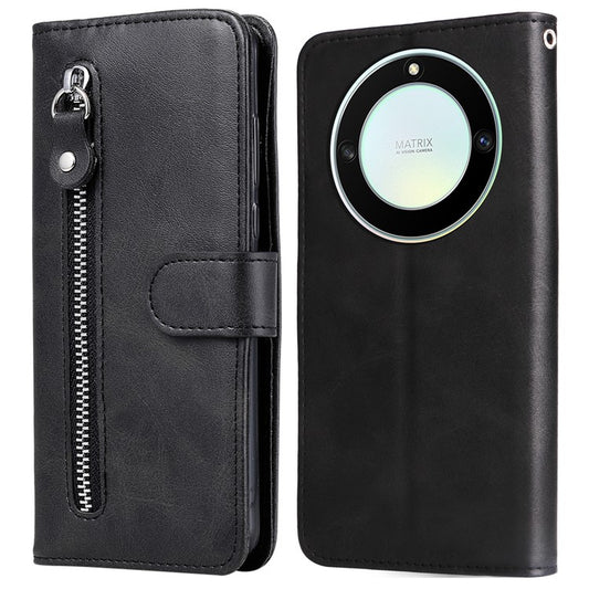 For Honor X40 5G / X9a 5G / Magic5 Lite 5G Calf Texture Zipper Pocket Phone Case PU Leather Wallet Stand Anti-drop Cover - Black