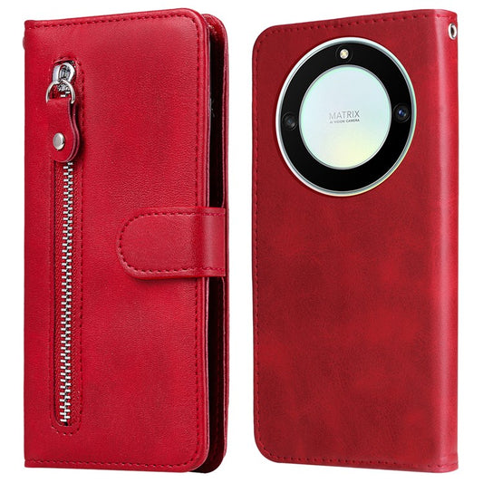 For Honor X40 5G / X9a 5G / Magic5 Lite 5G Calf Texture Zipper Pocket Phone Case PU Leather Wallet Stand Anti-drop Cover - Red