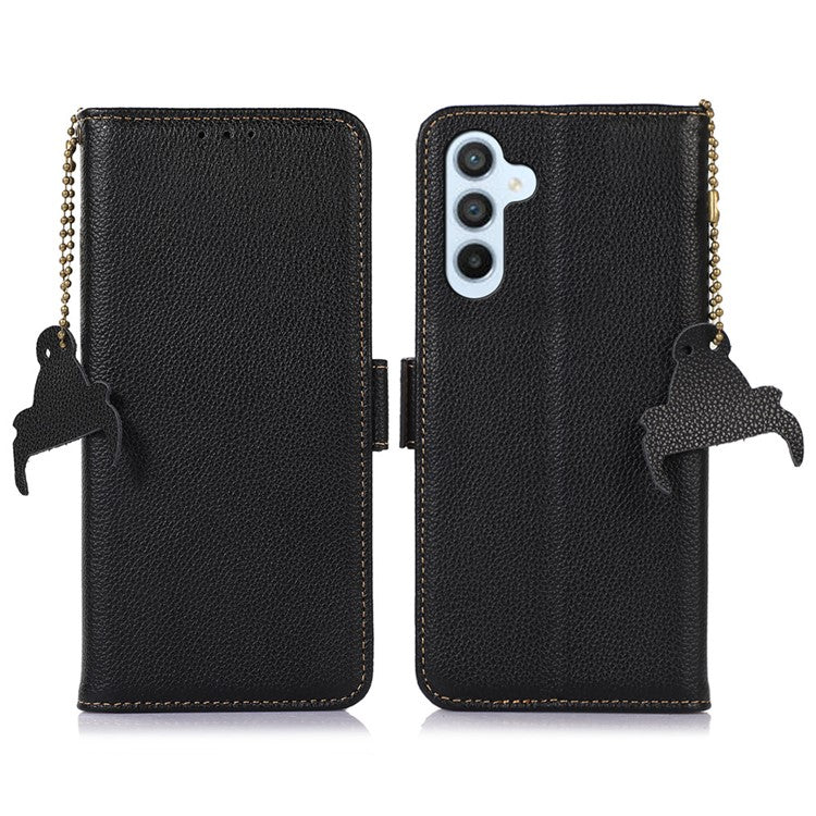 For Samsung Galaxy M14 5G Anti-drop Genuine Leather Phone Cover RFID Blocking Wallet Stand Phone Case - Black