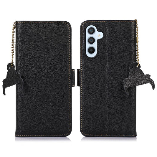 For Samsung Galaxy M14 5G Anti-drop Genuine Leather Phone Cover RFID Blocking Wallet Stand Phone Case - Black