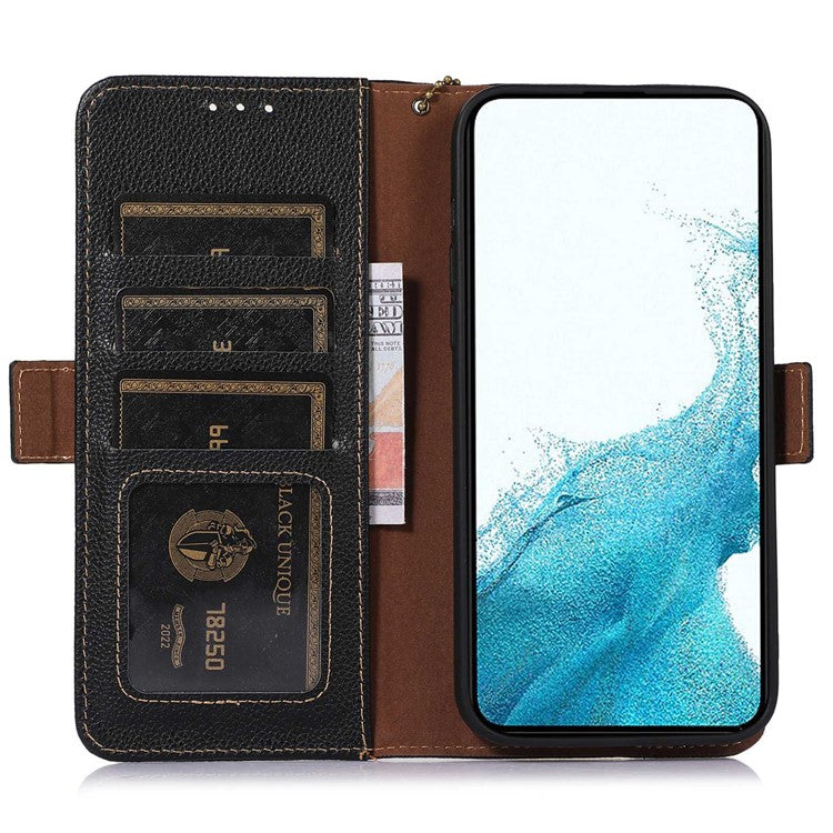 For Samsung Galaxy M14 5G Anti-drop Genuine Leather Phone Cover RFID Blocking Wallet Stand Phone Case - Black
