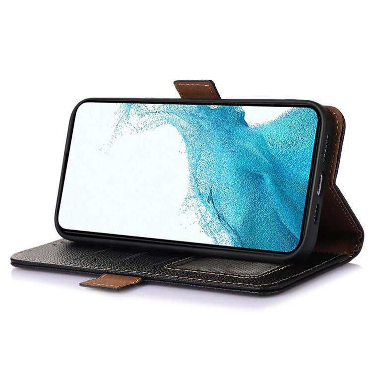 For Samsung Galaxy M14 5G Anti-drop Genuine Leather Phone Cover RFID Blocking Wallet Stand Phone Case - Black