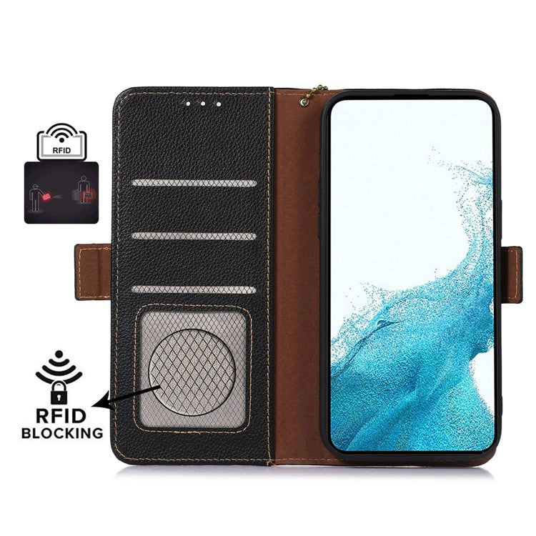 For Samsung Galaxy M14 5G Anti-drop Genuine Leather Phone Cover RFID Blocking Wallet Stand Phone Case - Black