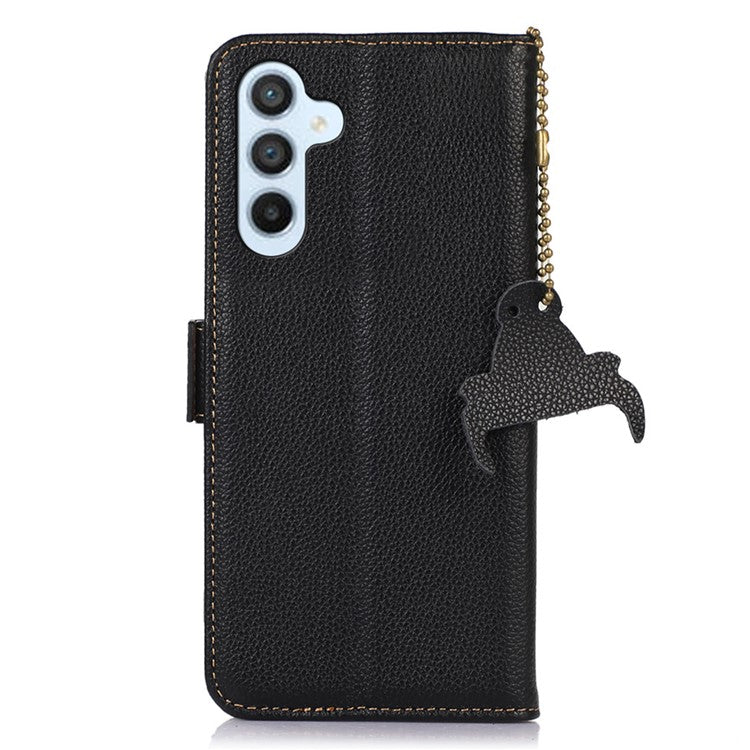 For Samsung Galaxy M14 5G Anti-drop Genuine Leather Phone Cover RFID Blocking Wallet Stand Phone Case - Black