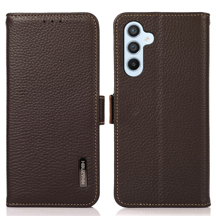 KHAZNEH For Samsung Galaxy M14 5G RFID Blocking Phone Case Genuine Leather Stand Wallet Phone Cover - Brown