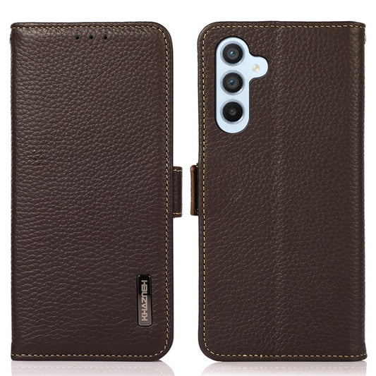 KHAZNEH For Samsung Galaxy M14 5G RFID Blocking Phone Case Genuine Leather Stand Wallet Phone Cover - Brown