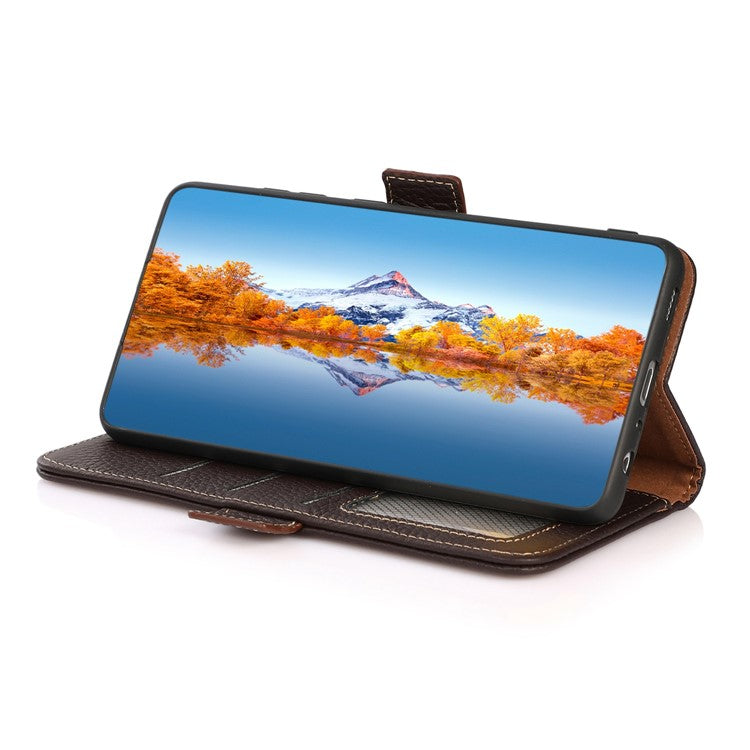 KHAZNEH For Samsung Galaxy M14 5G RFID Blocking Phone Case Genuine Leather Stand Wallet Phone Cover - Brown
