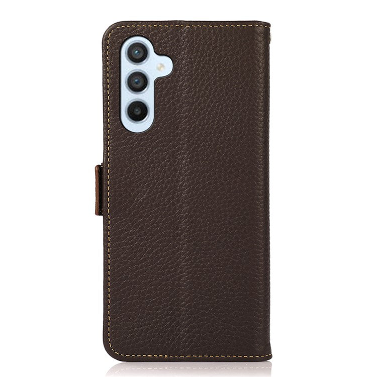 KHAZNEH For Samsung Galaxy M14 5G RFID Blocking Phone Case Genuine Leather Stand Wallet Phone Cover - Brown