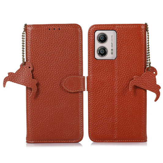 Wallet Case for Motorola Moto G53 5G / G23 4G / G13 4G , Genuine Cow Leather RFID Blocking Stand Phone Cover - Brown