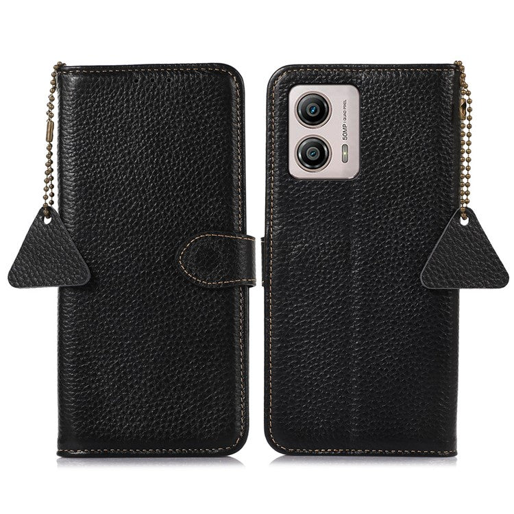 Wallet Case for Motorola Moto G53 5G / G23 4G / G13 4G , Genuine Cow Leather RFID Blocking Stand Phone Cover - Black