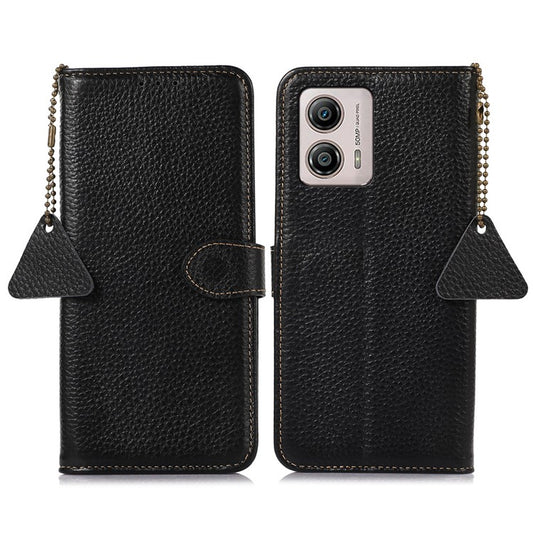 Wallet Case for Motorola Moto G53 5G / G23 4G / G13 4G , Genuine Cow Leather RFID Blocking Stand Phone Cover - Black