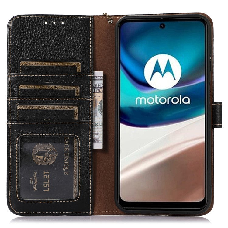 Wallet Case for Motorola Moto G53 5G / G23 4G / G13 4G , Genuine Cow Leather RFID Blocking Stand Phone Cover - Black