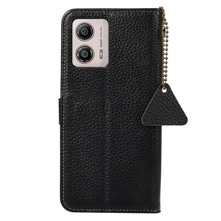 Wallet Case for Motorola Moto G53 5G / G23 4G / G13 4G , Genuine Cow Leather RFID Blocking Stand Phone Cover - Black