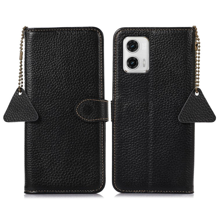 Wallet Case for Motorola Moto G73 5G Genuine Cow Leather Phone Cover Litchi Texture RFID Blocking Stand Wallet Phone Case - Black