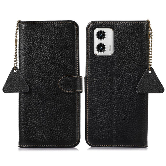 Wallet Case for Motorola Moto G73 5G Genuine Cow Leather Phone Cover Litchi Texture RFID Blocking Stand Wallet Phone Case - Black