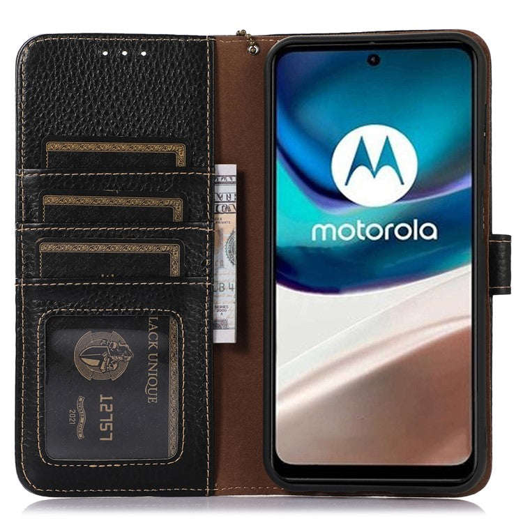 Wallet Case for Motorola Moto G73 5G Genuine Cow Leather Phone Cover Litchi Texture RFID Blocking Stand Wallet Phone Case - Black