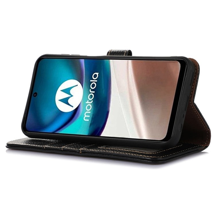 Wallet Case for Motorola Moto G73 5G Genuine Cow Leather Phone Cover Litchi Texture RFID Blocking Stand Wallet Phone Case - Black