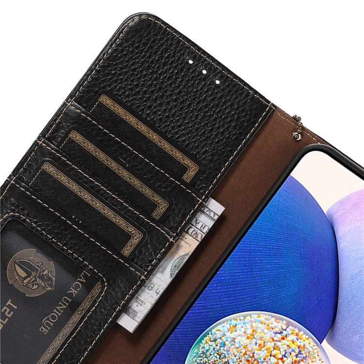 Wallet Case for Motorola Moto G73 5G Genuine Cow Leather Phone Cover Litchi Texture RFID Blocking Stand Wallet Phone Case - Black