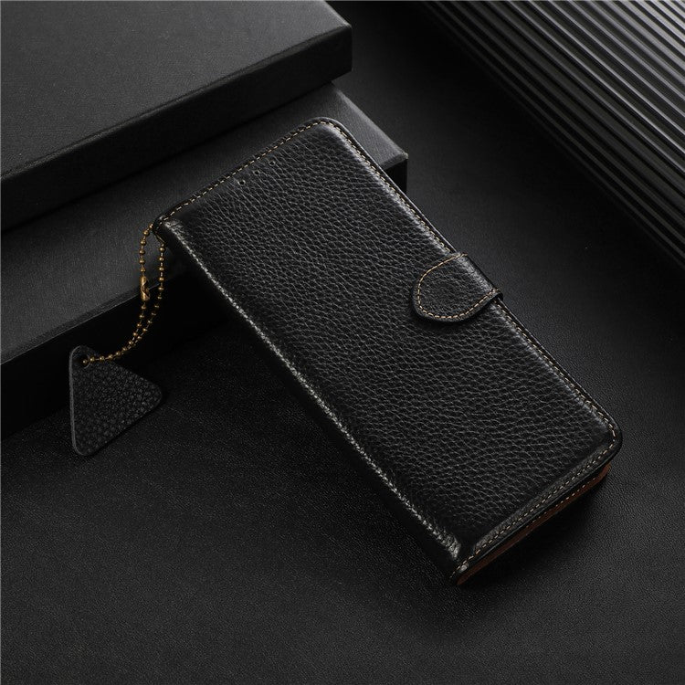 Wallet Case for Motorola Moto G73 5G Genuine Cow Leather Phone Cover Litchi Texture RFID Blocking Stand Wallet Phone Case - Black