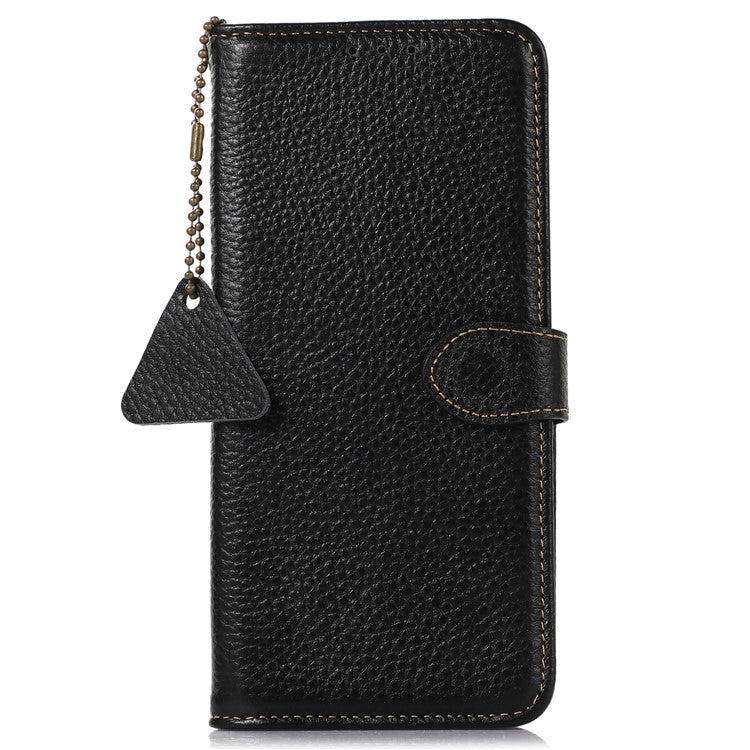 Wallet Case for Motorola Moto G73 5G Genuine Cow Leather Phone Cover Litchi Texture RFID Blocking Stand Wallet Phone Case - Black