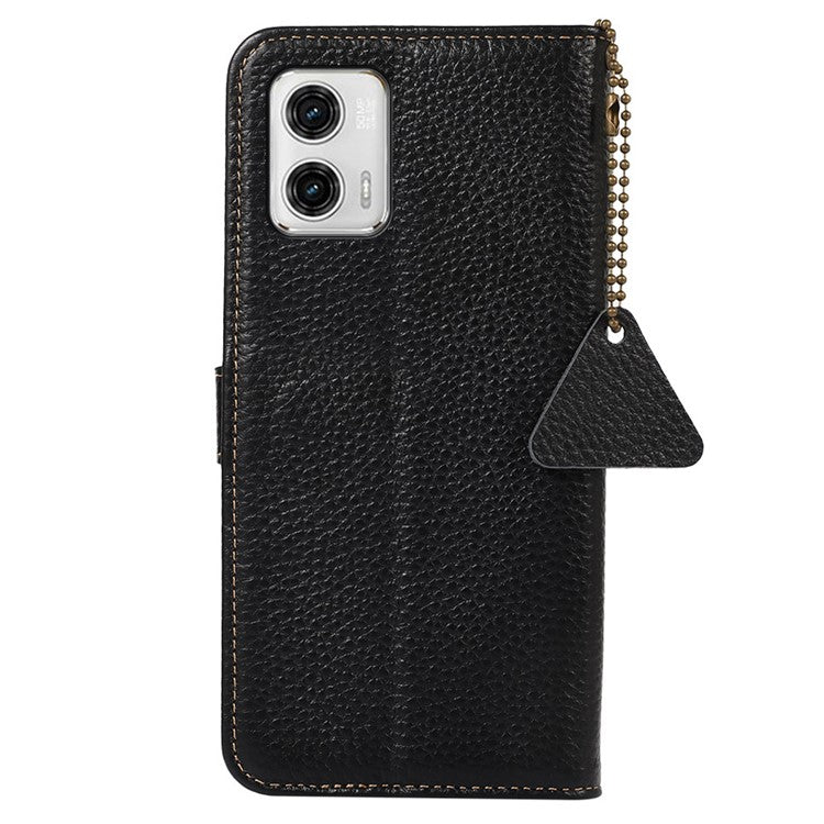 Wallet Case for Motorola Moto G73 5G Genuine Cow Leather Phone Cover Litchi Texture RFID Blocking Stand Wallet Phone Case - Black
