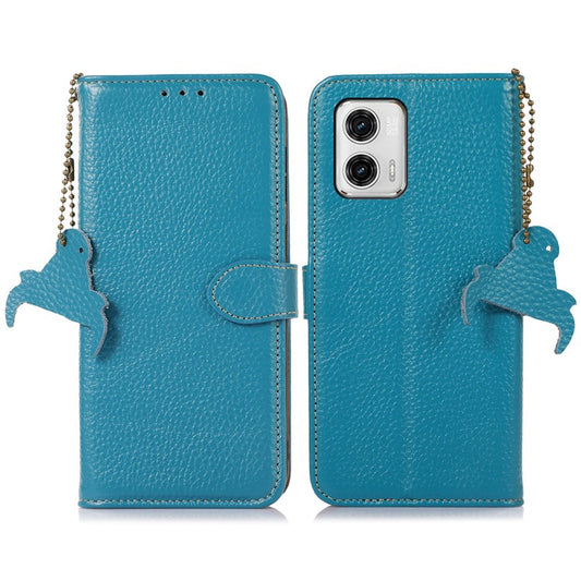 Wallet Case for Motorola Moto G73 5G Genuine Cow Leather Phone Cover Litchi Texture RFID Blocking Stand Wallet Phone Case - Blue