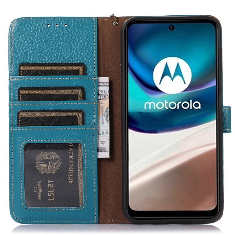 Wallet Case for Motorola Moto G73 5G Genuine Cow Leather Phone Cover Litchi Texture RFID Blocking Stand Wallet Phone Case - Blue