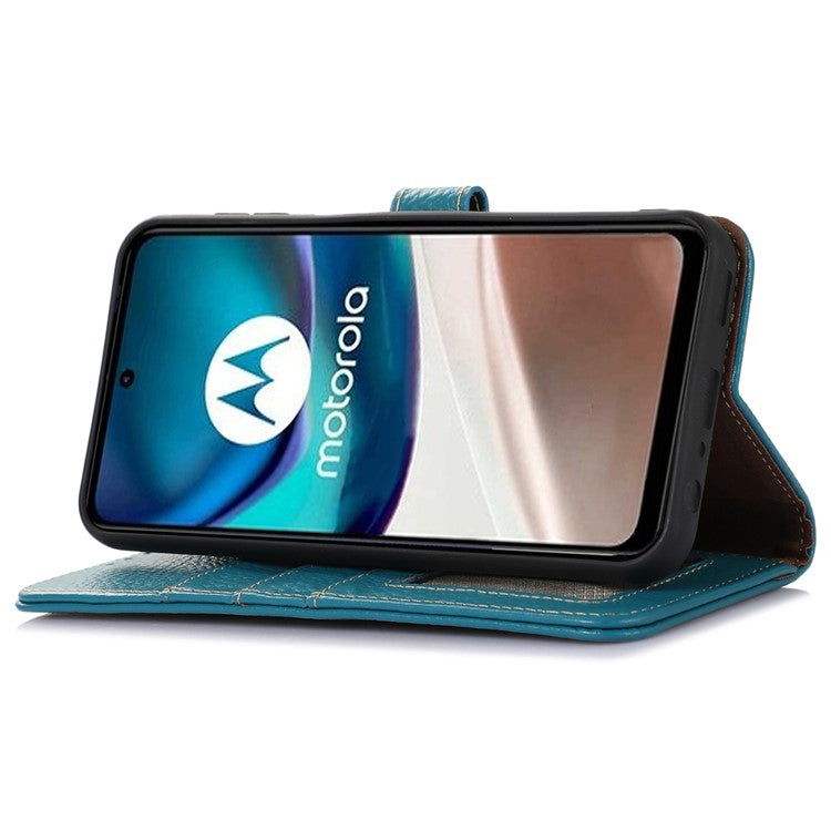 Wallet Case for Motorola Moto G73 5G Genuine Cow Leather Phone Cover Litchi Texture RFID Blocking Stand Wallet Phone Case - Blue