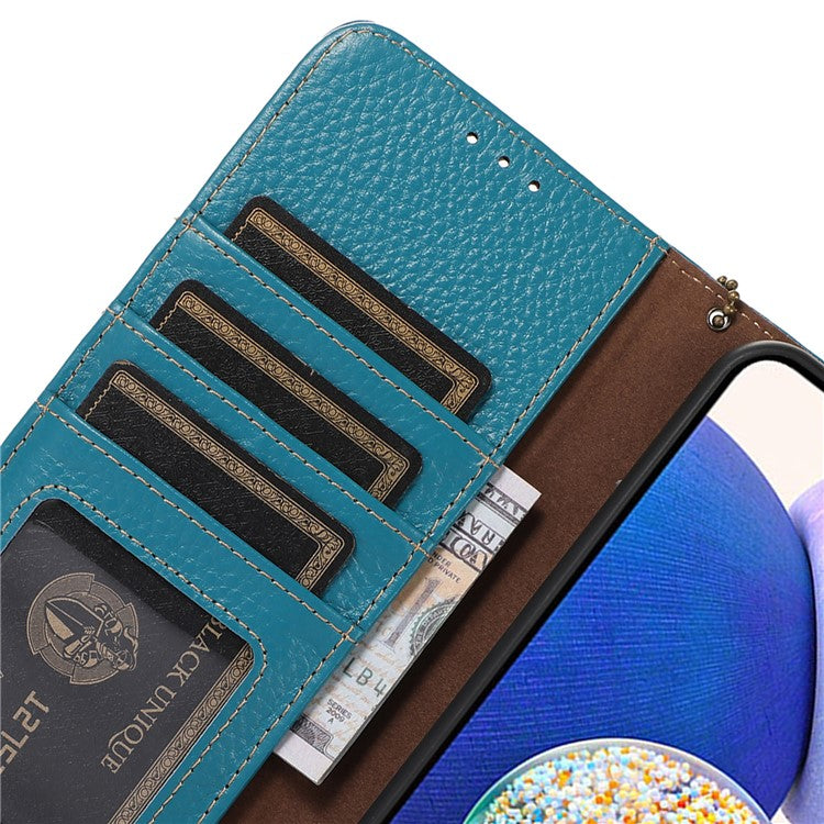 Wallet Case for Motorola Moto G73 5G Genuine Cow Leather Phone Cover Litchi Texture RFID Blocking Stand Wallet Phone Case - Blue