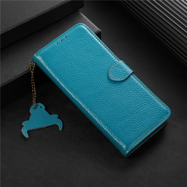 Wallet Case for Motorola Moto G73 5G Genuine Cow Leather Phone Cover Litchi Texture RFID Blocking Stand Wallet Phone Case - Blue