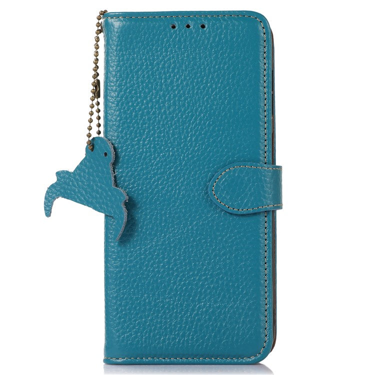 Wallet Case for Motorola Moto G73 5G Genuine Cow Leather Phone Cover Litchi Texture RFID Blocking Stand Wallet Phone Case - Blue