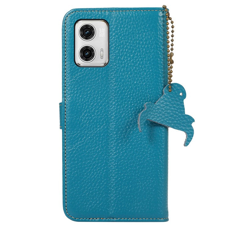 Wallet Case for Motorola Moto G73 5G Genuine Cow Leather Phone Cover Litchi Texture RFID Blocking Stand Wallet Phone Case - Blue