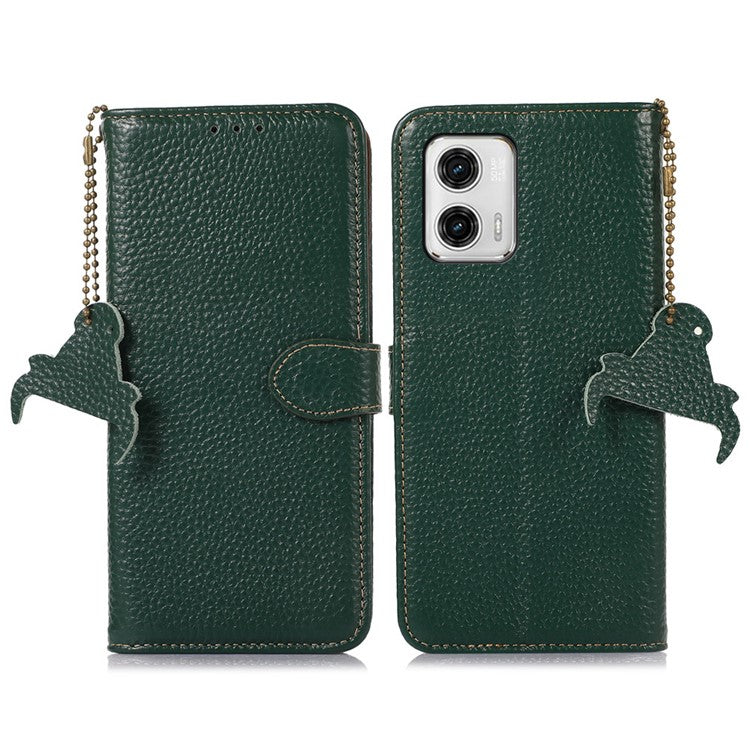 Wallet Case for Motorola Moto G73 5G Genuine Cow Leather Phone Cover Litchi Texture RFID Blocking Stand Wallet Phone Case - Green