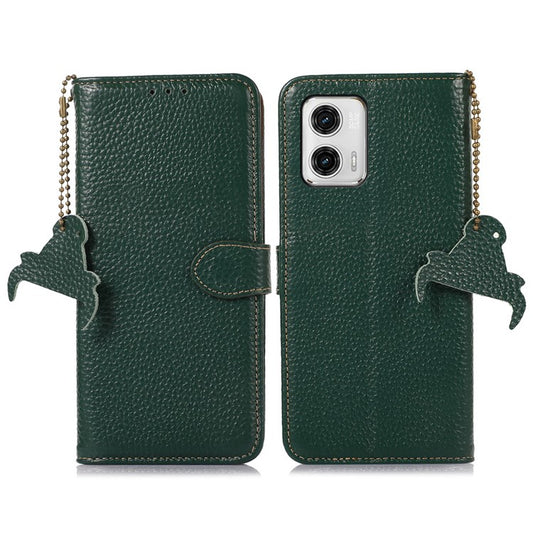 Wallet Case for Motorola Moto G73 5G Genuine Cow Leather Phone Cover Litchi Texture RFID Blocking Stand Wallet Phone Case - Green