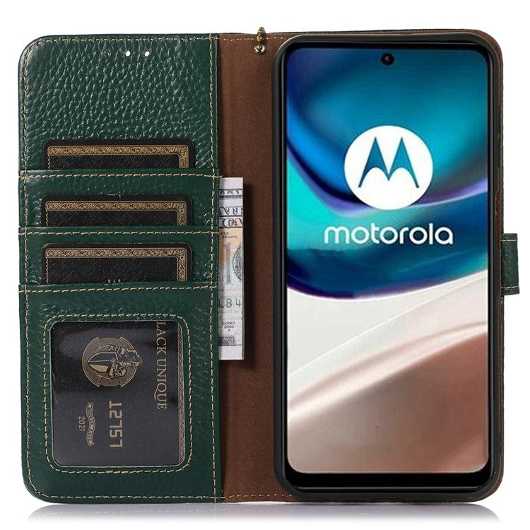 Wallet Case for Motorola Moto G73 5G Genuine Cow Leather Phone Cover Litchi Texture RFID Blocking Stand Wallet Phone Case - Green