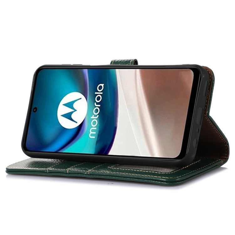 Wallet Case for Motorola Moto G73 5G Genuine Cow Leather Phone Cover Litchi Texture RFID Blocking Stand Wallet Phone Case - Green